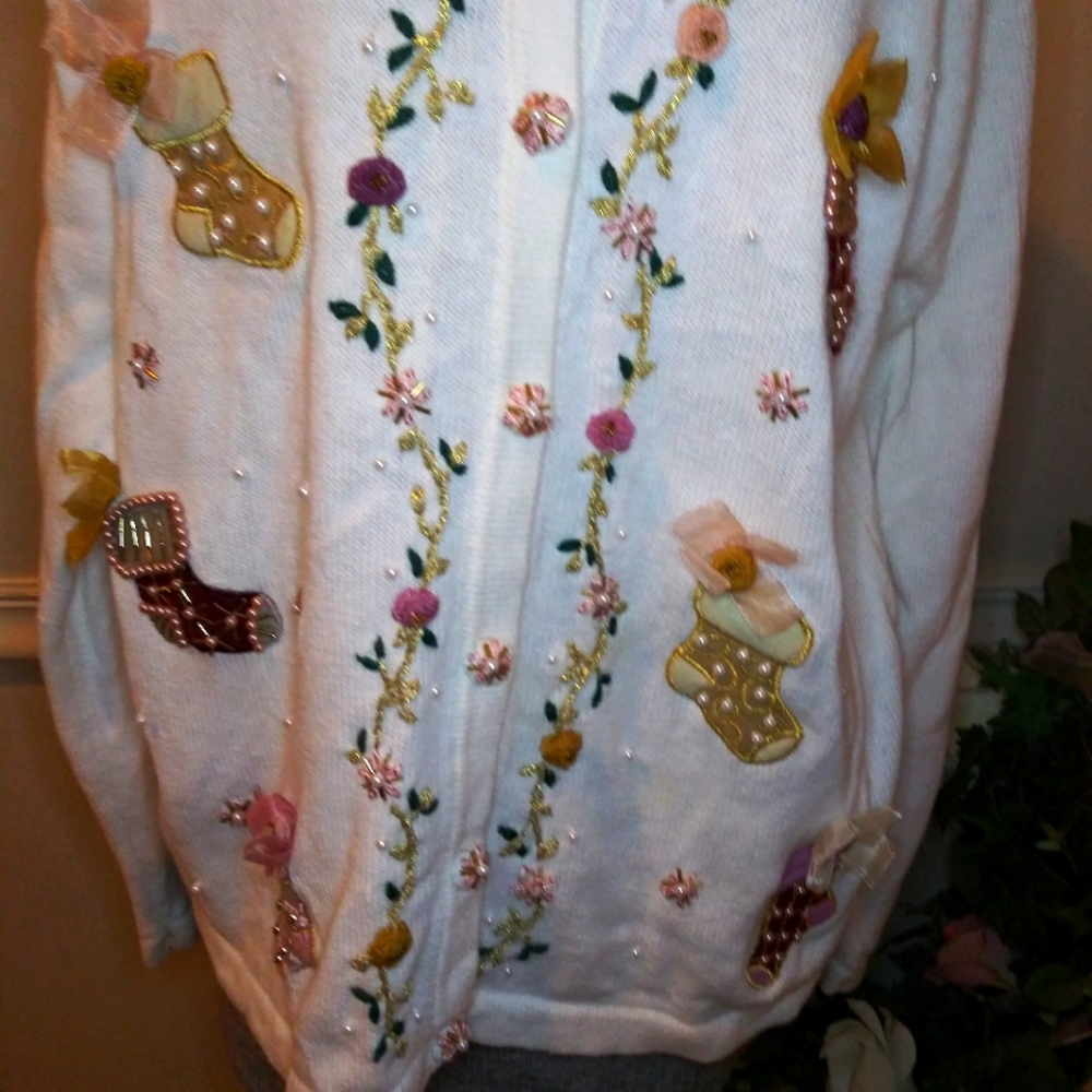 Vintage Pearl/Ribbon Trimmed Cottagecore Style "Ugly" Christmas Stocking Sweater - Picture 3 of 14